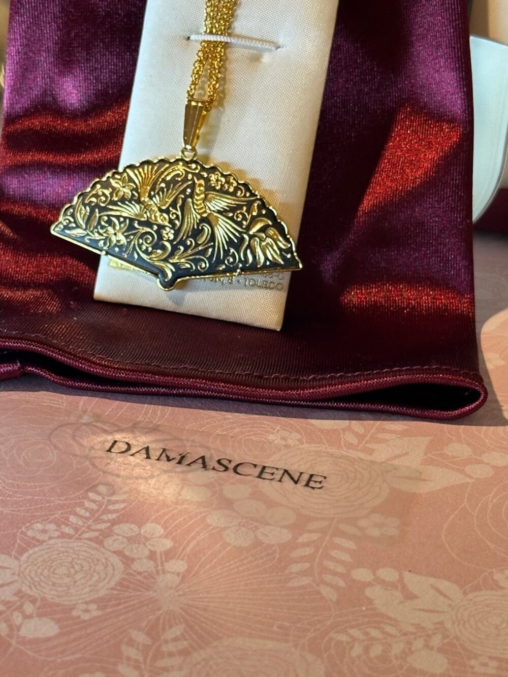 Necklace Spanish Fan Damascene Love Bird 22k and 24k gold Foil and Wire Inlaid